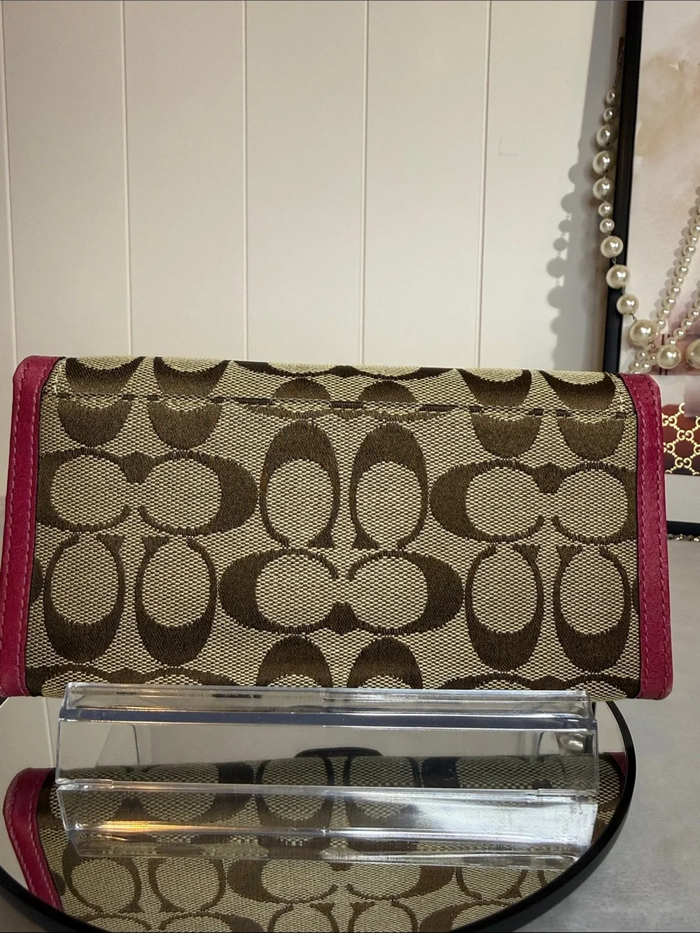 Coach Signature Canvas Wallet with Pink Trim
